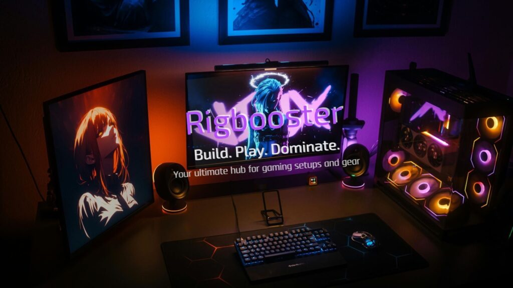RGB gaming setup banner with dual monitors and neon lights — RigBooster brand 2025